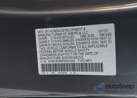 2023 Honda Odyssey Touring из США, поврежденный, VIN 5FNRL6H84PB053582